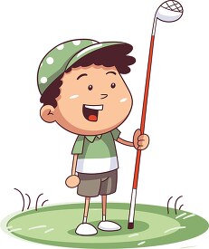 cheerful young golfer standing on green grass
