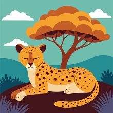 cheetah rests quietly under an orange hued tree in the savannah