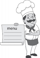 chef with mustache showing off menu gray color clipart 5122