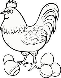 chicken standing next to three eggs in a simple outline style fo