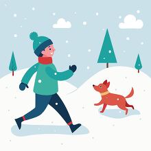 child and dog running through the snow