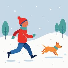 child bundled in a warm coat runs beside their dog