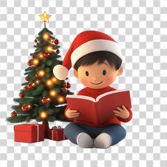 Child Enjoys Reading Near a Decorated Christmas Tree