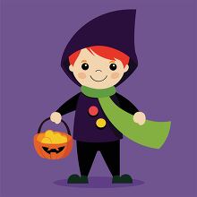 child in a purple cloak holds a pumpkin shaped candy bucket