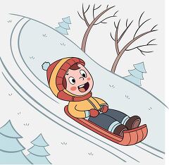 child in a yellow jacket rides a sled down a snowy hill