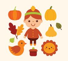 child in autumnal clothing is surrounded by pumpkins