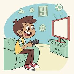 child plays a video game while sitting on a couch