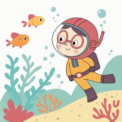 dorable clipart of a child scuba diver swimming with colorful tropical fish in the ocean