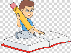 child sits on a large book holds a big pencil transparent