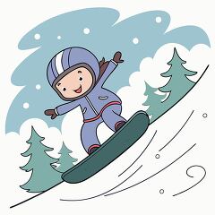 child snowboarding down a snowy slope surrounded by trees