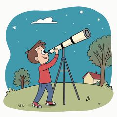 child uses a telescope to gaze at the stars in a quiet night