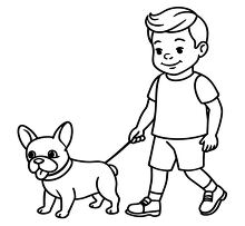 child walking a happy French bulldog on a leash black outlne