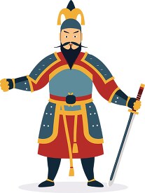 chinese warrior dressed in amor holds a large sword in hand