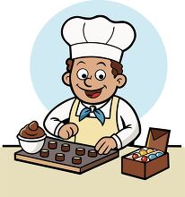 chocolatier in a white chef hat and apron making chocolates