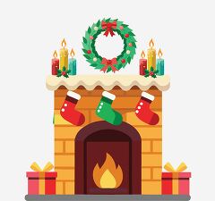 Christmas fireplace with a crackling fire and colorful decorations