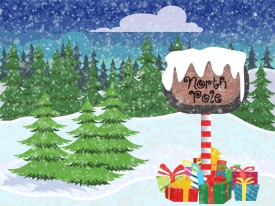 christmas tees and gift boxes falling snow north pole sign anima