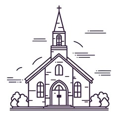 church building with steeple and trees vector illustration black