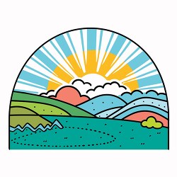 circular illustration featuring a bright sun with blue sky over 
