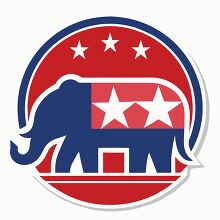 classic Republican elephant symbol inside a blue and red star fi