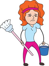 cleaning woman with mop bucket not happy clipart