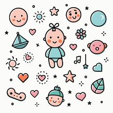 collection of baby related icons including a smiling baby