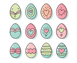 collection of decorated eggs with various patterns and hearts in