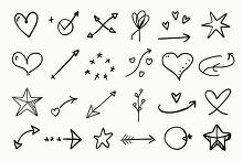 collection of whimsical doodles including arrows stars and heart