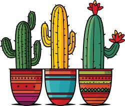 colorful cactus in separate brightly colored planters