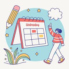 Colorful design with a person pointing to a Wednesday calendar s