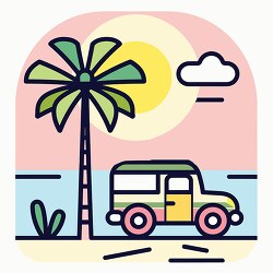 Colorful flat design of a van by the beach at sunset with a palm
