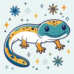 colorful gecko with blue and orange spots sits surrounded by sta