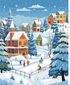 colorful houses and snowy trees create a lively christmas villag