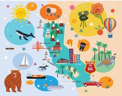 colorful illustrated california state map with icons landmarks c