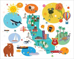 colorful illustrated california state map with icons landmarks w
