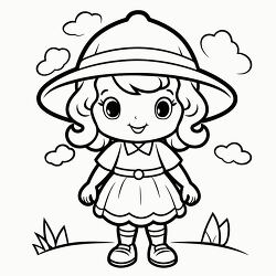 coloring page of a girl in a hat and dress black outline clipart