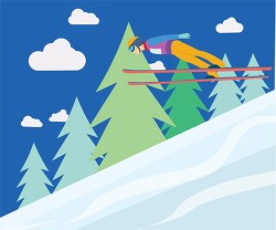 competitor skii jumper in air on snowing mountain clipart