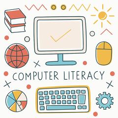 Illustration of computer literacy concepts with a monitor, keyboard, and various application icons