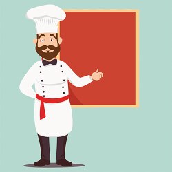 cook character in white chef attire holding a rectangular sign