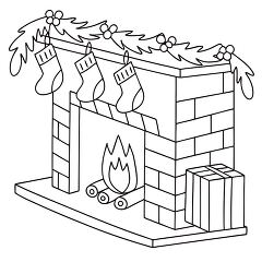 cozy fireplace decorated with stockings and garlands for the holidays black outline clipart coloring page printable