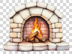 Warm flames flicker in a rustic fireplace built with stone. Logs are stacked beside the fire, creating an inviting atmosphere perfect for relaxation during chilly evenings.