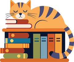 cozy scene of a cat finding comfort atop a pile of well organized books