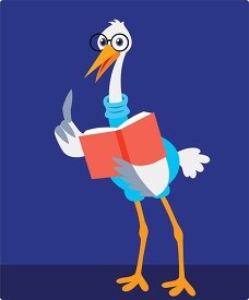 crane animal character reading book clipart
