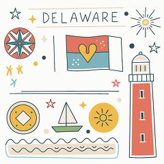 Brightly colored illustrations highlight the essence of Delaware, featuring the state's flag adorned with a heart, a charming lighthouse, and a quaint sailboat on calm waters.