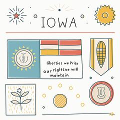 A colorful illustration displays the essence of Iowa, featuring its state flag, symbols like corn and flowers, and a profound motto about freedom and rights. The blend of intricate designs and bright colors captures Iowa spirit, celebrating its heritage and values in an artistic manner.