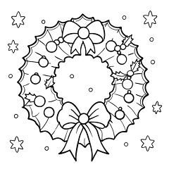 crhistmas wreaths with greens and ribbon black outline printable coloring page