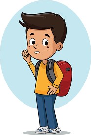 curious boy with a backpack looking at something