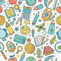 cute and colorful seamless pattern featuring various school supp