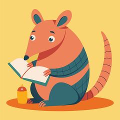 cute armadillo enjoys a story from an book