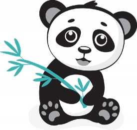 cute baby panda holds plant twig in paws gray color clipart