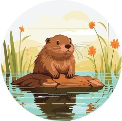 cute beaver resting on a rock in a lake clip art